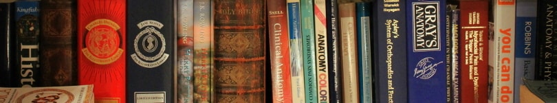 The spines of a couple of dozen large colourful books