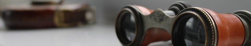 A small orange lacquered pair of binoculars on a white background